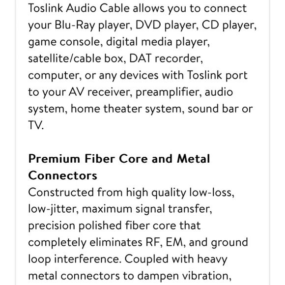 Premium Optical Digital S/PDIF Toslink Audio Cable 24K Gold Plated 6 ft - Picture 4 of 5